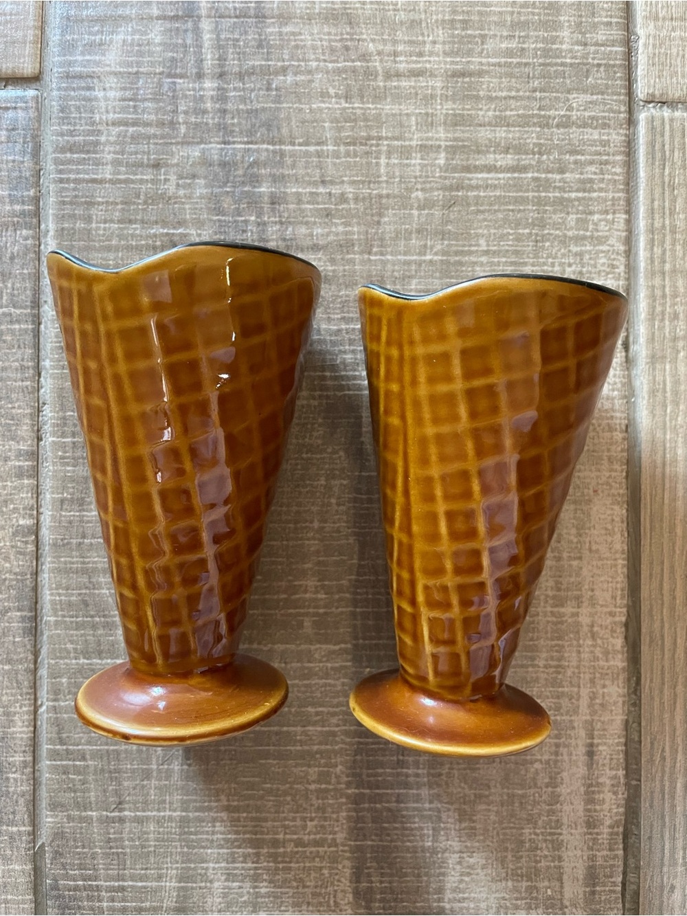 Vintage Amber Ceramic Cone Vases - Set of 2